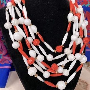 VTG- 6 Strands of Hand-Beaded Carved Celluloid Floral Bead Necklace
